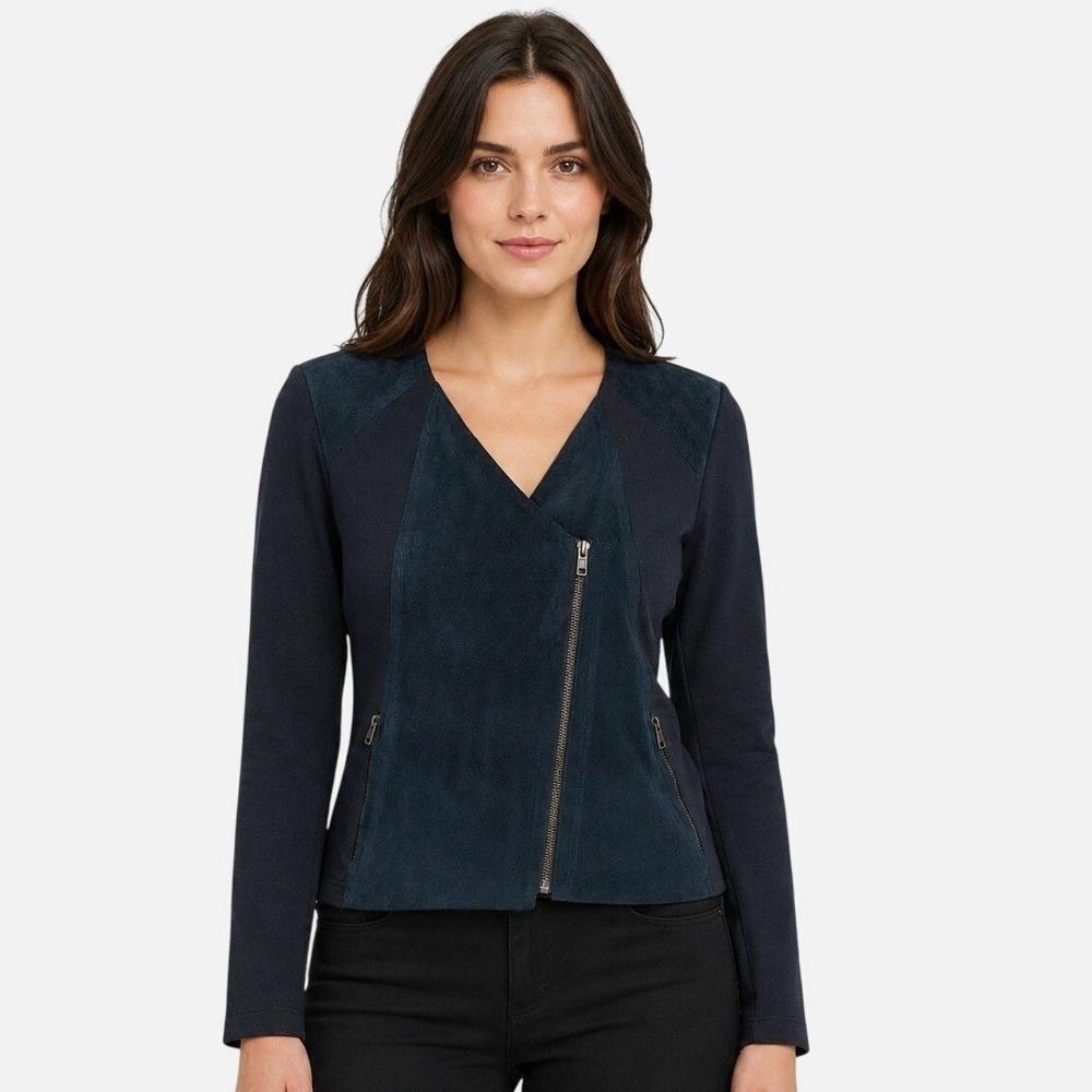 Bailey 44 Womens Navy Blue Suede Leather Trim Moto Jacket 410-5188 Size M